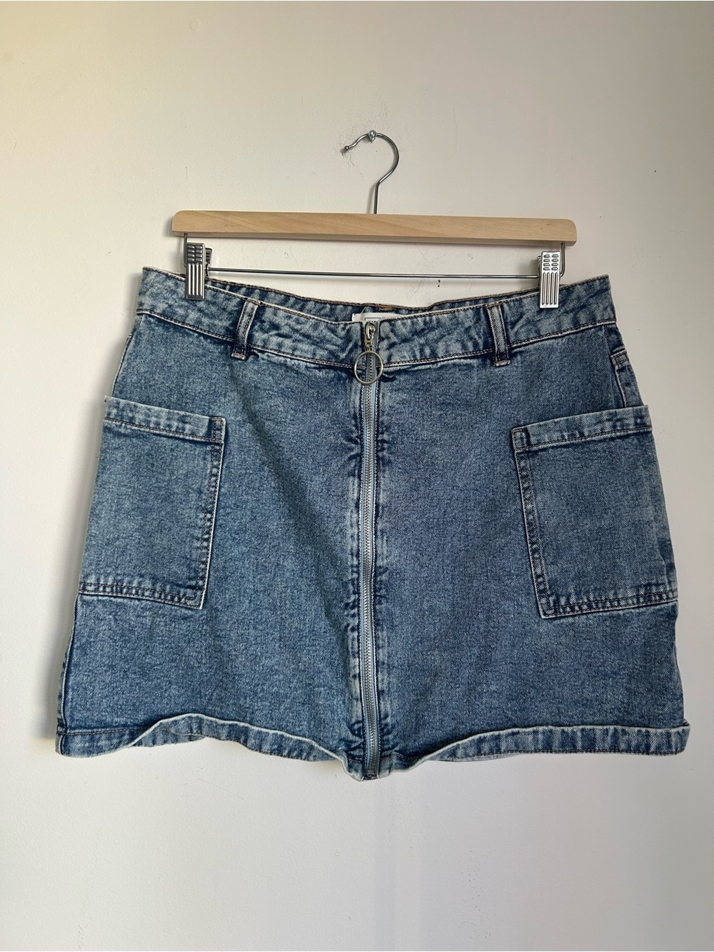 High-Rise Front-Zip Denim Mini Skirt in Light Blue